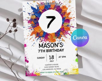 Boys Paint Party Invite | Birthday Invitation Template | Editable Canva Digital Download