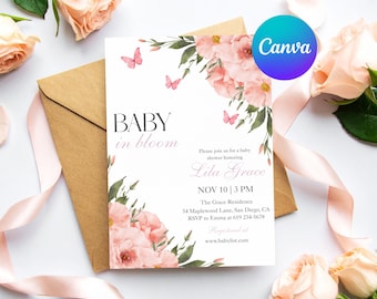 Butterfly Baby Shower Invitation | Pink Floral | Editable Canva Digital Template