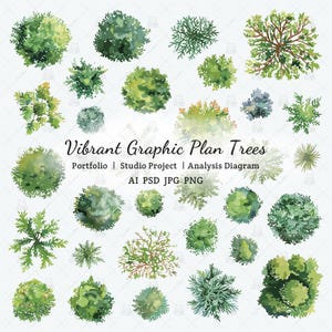 Peut inclure: Graphique à l'aquarelle de divers arbres verts vus d'en haut. L'image comprend une variété de formes et de tailles d'arbres, avec le texte "Vibrant Graphic Plan Trees" et des informations sur le type de fichier.