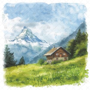 May include: Watercolor painting of a mountain landscape featuring a wooden cabin nestled on a green hillside. A snow-capped mountain peak rises in the background, with a cloudy blue sky above. The scene evokes a sense of tranquility and natural beauty.