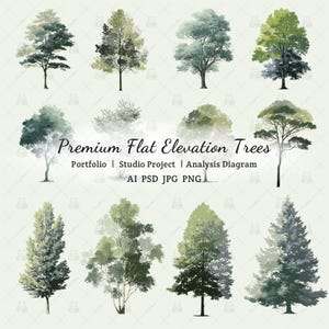 May include: A collection of watercolor illustrations of various tree species. The trees are depicted in a flat elevation style, showcasing their foliage and structure. The image includes text that reads "Premium Flat Elevation Trees" and other details.