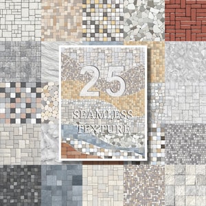 Peut inclure: Une collection numérique de 25 textures sans raccord présentant divers motifs de pierre, de brique et de carrelage dans des tons gris, beige, blanc et rouge. Le texte blanc 25 SEAMLESS TEXTURE est superposé sur un fond en mosaïque.