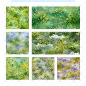 May include: A collection of watercolor illustrations featuring various floral and foliage patterns. The designs showcase a range of colors, including greens, yellows, blues, and purples, creating a natural and artistic aesthetic. These patterns are suitable for fabric or paper.