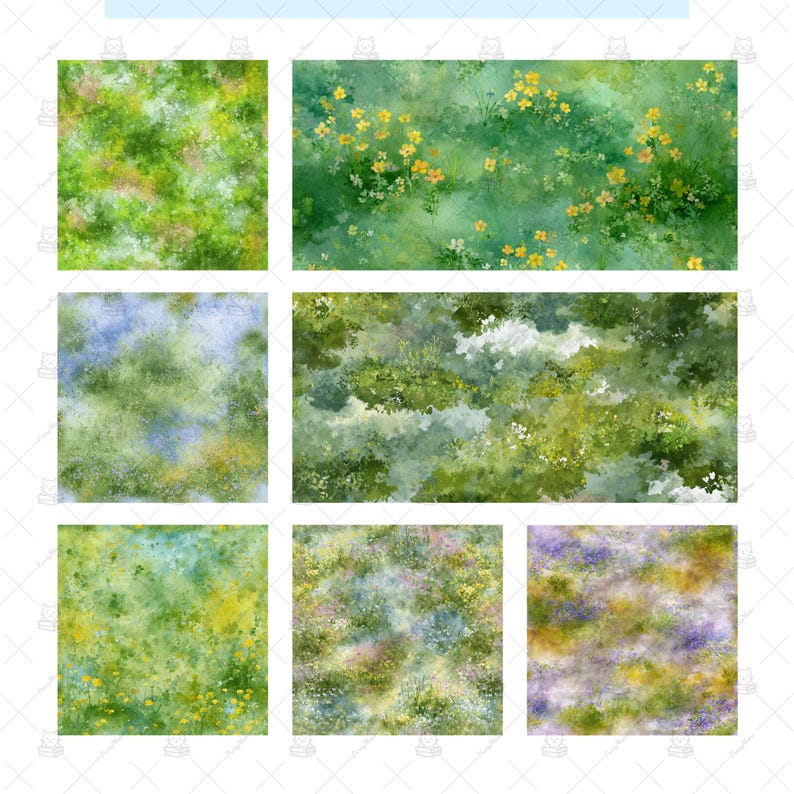 May include: A collection of watercolor illustrations featuring various floral and foliage patterns. The designs showcase a range of colors, including greens, yellows, blues, and purples, creating a natural and artistic aesthetic. These patterns are suitable for fabric or paper.