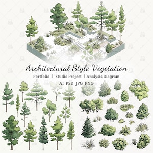 Architektonische Pflanzen Vektor-Set - 30+ Bäume & Sträucher Elevation Clipart | Die Dateien werden als PDF-Datei erstellt