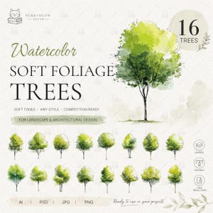 Op de afbeelding: Een digitale collectie van 16 aquarelboomillustraties met zacht groen gebladerte en donkere stammen. De tekst luidt Watercolor SOFT FOLIAGE TREES, 16 TREES, SOFT TONES, AIRY STYLE, COMPETITION READY, FOR LANDSCAPE & ARCHITECTURAL DESIGN.