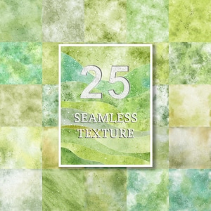May include: A collection of 25 seamless textures in shades of green and yellow. The textures are arranged in a grid pattern. A central image features the number 25 and the words "SEAMLESS TEXTURE" in a white frame, with a watercolor landscape design.