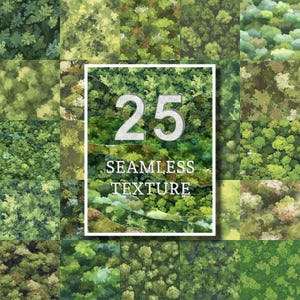 Puede incluir: Una colección de 25 texturas sin costuras con varios patrones de bosque y follaje verde. La superposición central muestra el texto blanco 25 SEAMLESS TEXTURE sobre un fondo de diseños de dosel forestal denso.