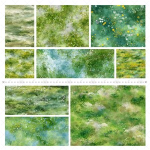 May include: A collection of watercolor textures featuring various green fields with wildflowers. The images showcase a variety of grassy landscapes with different color palettes, including shades of green, yellow, and white. The textures are suitable for digital art and design projects.