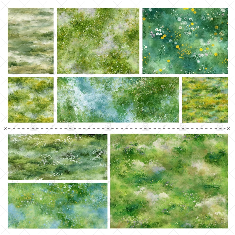 May include: A collection of watercolor textures featuring various green fields with wildflowers. The images showcase a variety of grassy landscapes with different color palettes, including shades of green, yellow, and white. The textures are suitable for digital art and design projects.
