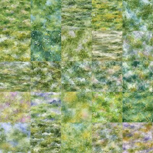 May include: A patchwork of watercolor-style squares, each depicting a unique grassy meadow scene. The squares feature varying shades of green, yellow, and blue, with subtle textures and details suggesting wildflowers and foliage. The overall effect is a vibrant, naturalistic pattern.