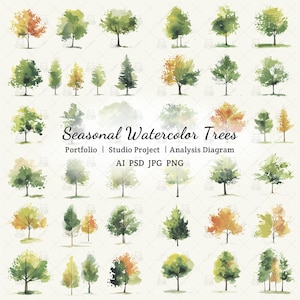 May include: Watercolor illustrations of various trees in different seasons. The trees are depicted in shades of green, yellow, orange, and brown, with a watercolor effect. The text "Seasonal Watercolor Trees" is displayed.