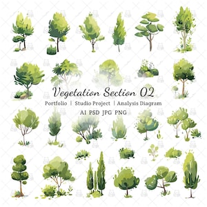 Flat Vector Tree and Shrub Clipart – 28 Landscape Elements for Architecture Renderings – Digital Download (Ai, Psd, Png, Jpg)