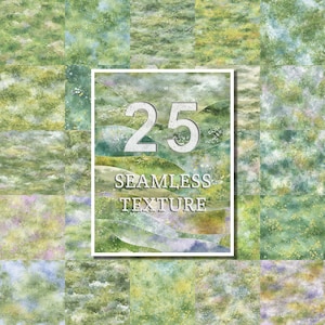 Może przedstawiać: Kolekcja 25 bezszwowych tekstur w odcieniach zieleni, żółci i błękitu, przypominających krajobraz akwarelowy. Tekstury ułożone są w siatkę. Centralna biała ramka wyświetla liczbę "25" i słowa "SEAMLESS TEXTURE".