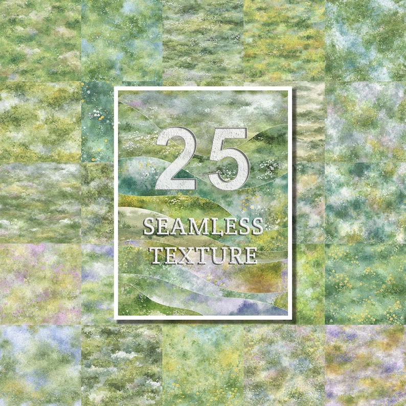 May include: A collection of 25 seamless textures in shades of green, yellow, and blue, resembling a watercolor landscape. The textures are arranged in a grid pattern. A central white frame displays the number "25" and the words "SEAMLESS TEXTURE".