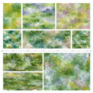 May include: A collection of watercolor-style digital papers featuring a meadow theme. The papers showcase a variety of green, yellow, and purple hues, with soft, blended textures and floral accents. Ideal for digital art and crafting projects.
