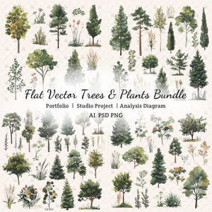 May include: A collection of watercolor illustrations of various trees and plants. The image includes a variety of tree types, from tall pines to leafy deciduous trees, and grasses. Text reads "Flat Vector Trees & Plants Bundle".