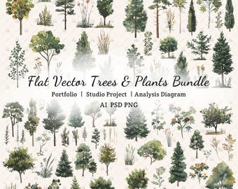 Flat Vector Vegetation Bundle – 80+ Hand-Drawn Clipart in AI PSD PNG | Landscape & Architecture Assets