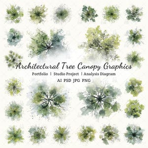 May include: Watercolor graphic of various tree canopies in shades of green and gray. The image includes the text "Architectural Tree Canopy Graphics" and file type information.