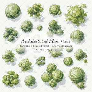 Könnte beinhalten: Eine Sammlung verschiedener grüner Baumillustrationen in der Draufsicht für Architekturpläne. Der Text lautet Architectural Plan Trees, Portfolio | Studio Project | Analysis Diagram sowie AI PSD JPG PNG.