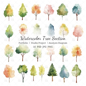 May include: Watercolor illustrations of various trees in shades of green, yellow, orange, and pink. The image includes the text "Watercolor Tree Section" and other text below it. The trees are in a portfolio style.