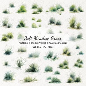 Puede incluir: Ilustración en acuarela de hierba de pradera suave en varios tamaños y formas. La imagen presenta una colección de mechones de hierba verdes y verde claro, con el texto "Soft Meadow Grass" y otros detalles.