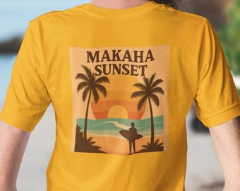 Retro Hawaiian Surf T-Shirt | Vintage Makaha Sunset Beach Tee | Gift for Surfers