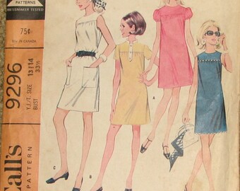 Mod Sleeveless or Puff Sleeved Short Yoked Juniors Dresses 1960s Vintage Sewing Pattern MCCALLS 9296