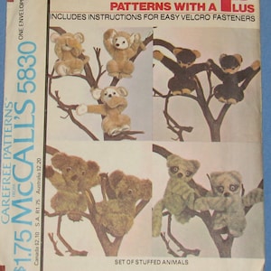 May include: A sewing pattern for a set of stuffed animals. The pattern includes instructions for easy Velcro fasteners. The pattern is from McCall's and the pattern number is 5830.