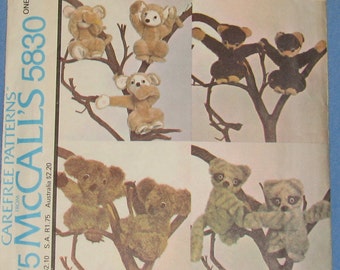 Monkey, Raccoon, Koala, and Bear Stuffed Animal 1970s Vintage Sewing Pattern MCCALL'S 5830