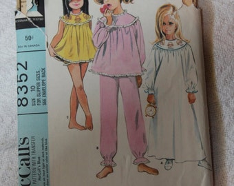 Girls' Nightgown, Pajamas, Shorties and Slippers 1960s Vintage Sewing Pattern MCCALL'S 8352