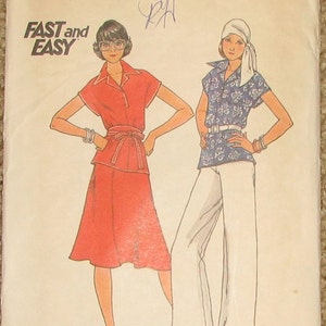May include: A vintage sewing pattern for a two-piece outfit. The pattern is for size 8 and includes a red top with a white collar and a white skirt. The second outfit is a blue and white patterned top with a white collar and white pants. The pattern is called "Butterick" and is labeled "Instant Fashion Patterns".