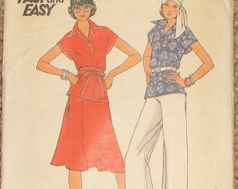 Kimono Sleeve Top, Flared Skirt, Pants, Obi Sash 1970s Vintage Sewing Pattern BUTTERICK 4124, Bust 31.5