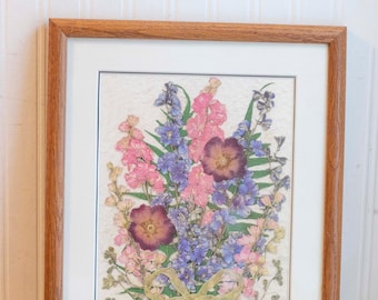 Vintage Pressed Flower Print, Signed Floral Art, Pink Purple Cottage Chic Home Decor