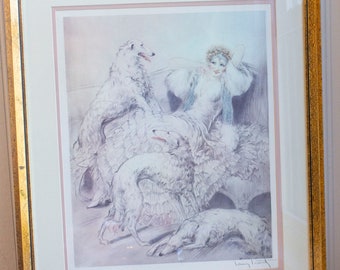 Stampa vintage firmata Louis Icart Sinfonia in bianco, ritratto di donna con cani Borzoi