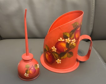 Vintage Oil Can for Sewing Machine with holder Hand Painted Fruit Flowers Red