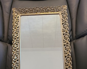 Vintage Gold Vanity or Dresser Mirror, Vintage Ornate Filigree Metal Mirror or Perfume Tray