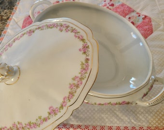 Vintage Covered Serving Dish Vienna Austria with Pink Roses