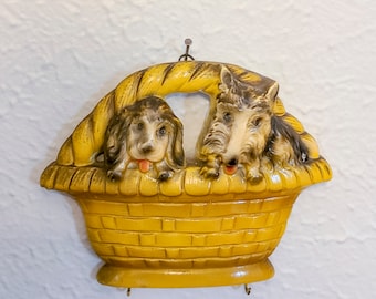 Antique Chalkware Pot Holder with Terrier Puppy Dogs in Basket