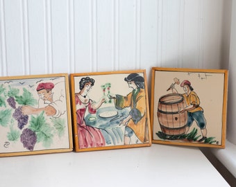 Vintage Clay Tiles, Hand Painted Wine Making Scene, Spanish or Italian signed by the artist