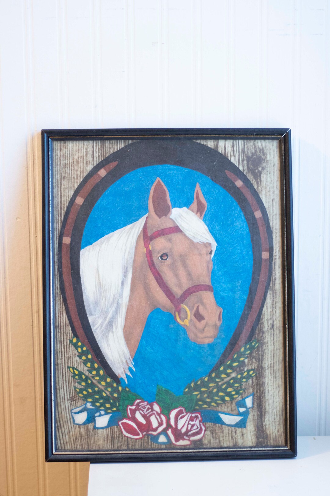 Vintage Framed Horse Portrait Painting Brown Hose With Roses Etsy