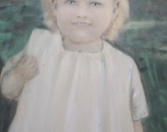 Antique Pastel Painting Portrait of Little Blonde Girl, Victorian in Gold Metal Oval Frame  ORIGINAL