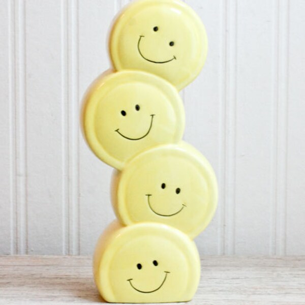 Yellow Smiley Face Vase, Stacked Faces, Stacked Smileys, 1980s Gift Vase, Happy Face, Yellow, Black, Teen Girls, Office Decor, Retro