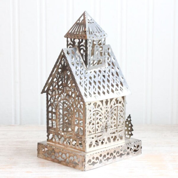 Metal Church, Church Candle Holder, Vintage Church, Tin, Ornate, Little Church, Home Decor,Village Church, Silver, Grey