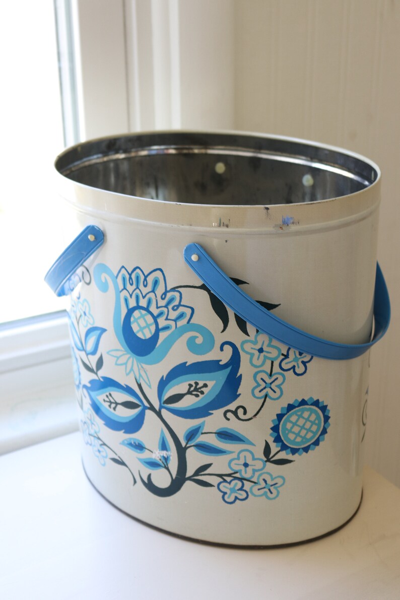 Vintage Metal Storage Container With Handles Blue Floral Etsy