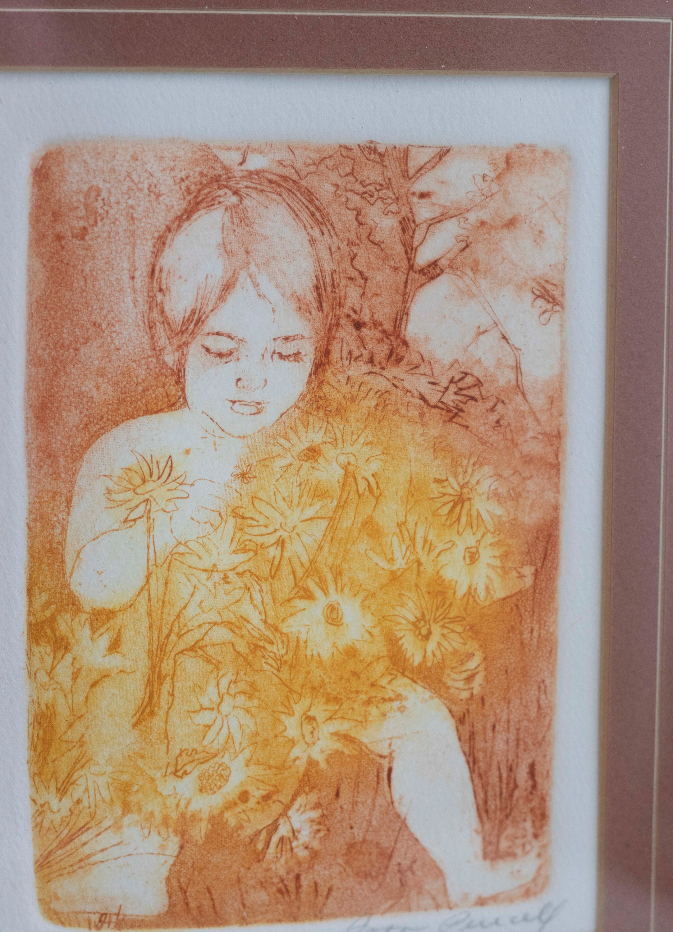 Vintage Signed Etching by artist Joan Purcell, 1970s Numbered print of Child Or Baby in Daisies Orange Gold Brown, American Art