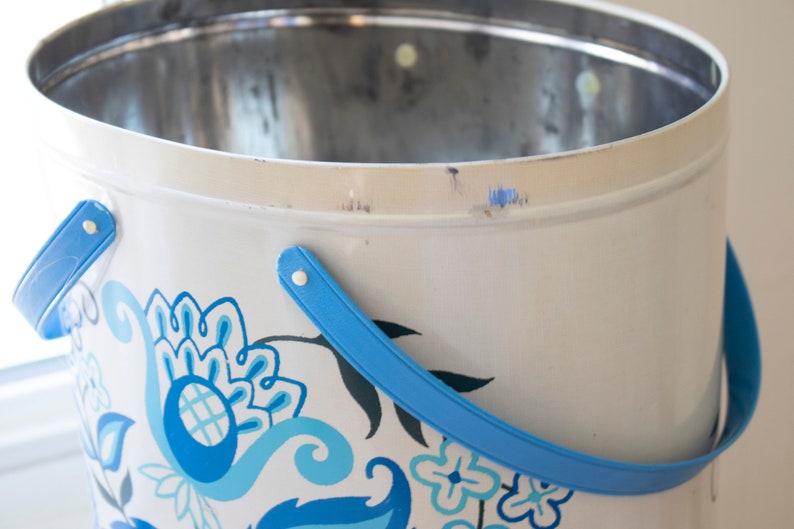 Vintage Metal Storage Container With Handles Blue Floral Etsy