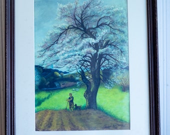 Vintage Pastel Art Painting Landscape with Boy and Dog, firmato dall'artista americano Betty Young 1955, Farm Scene Pennsylvania