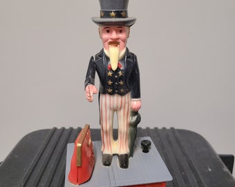 Vintage Uncle Sam Mechanical Coin Drop Bank, Red White Blue Patriotic