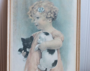 Bessie Pease Gutmann Friendly Enemies Vintage Framed Print,kitty and puppy, Portrait little girl cat and dog